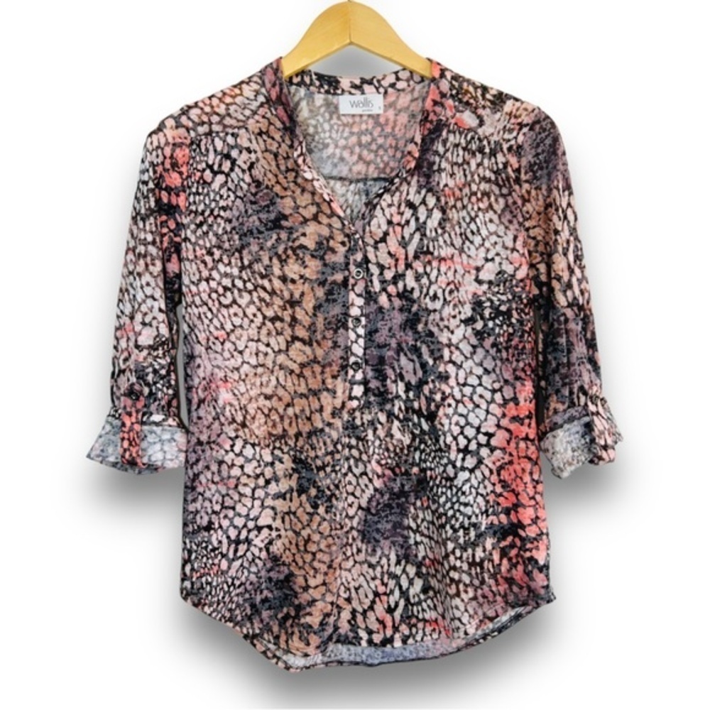 4/$20 Wallis Petite Abstract Print Blouse Sheer Button Front Top Small - Picture 2 of 6